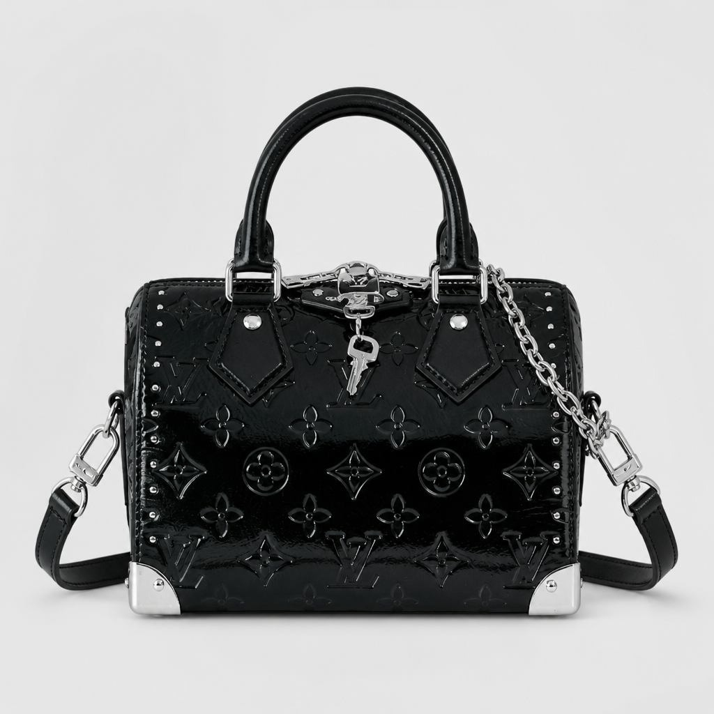 Black Embossed Silver Trim Bag — front 1 — Black Embossed Monogram — Silver Corner Plates