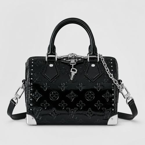 Black Embossed Silver Trim Bag — front 1 — Black Embossed Monogram — Silver Corner Plates