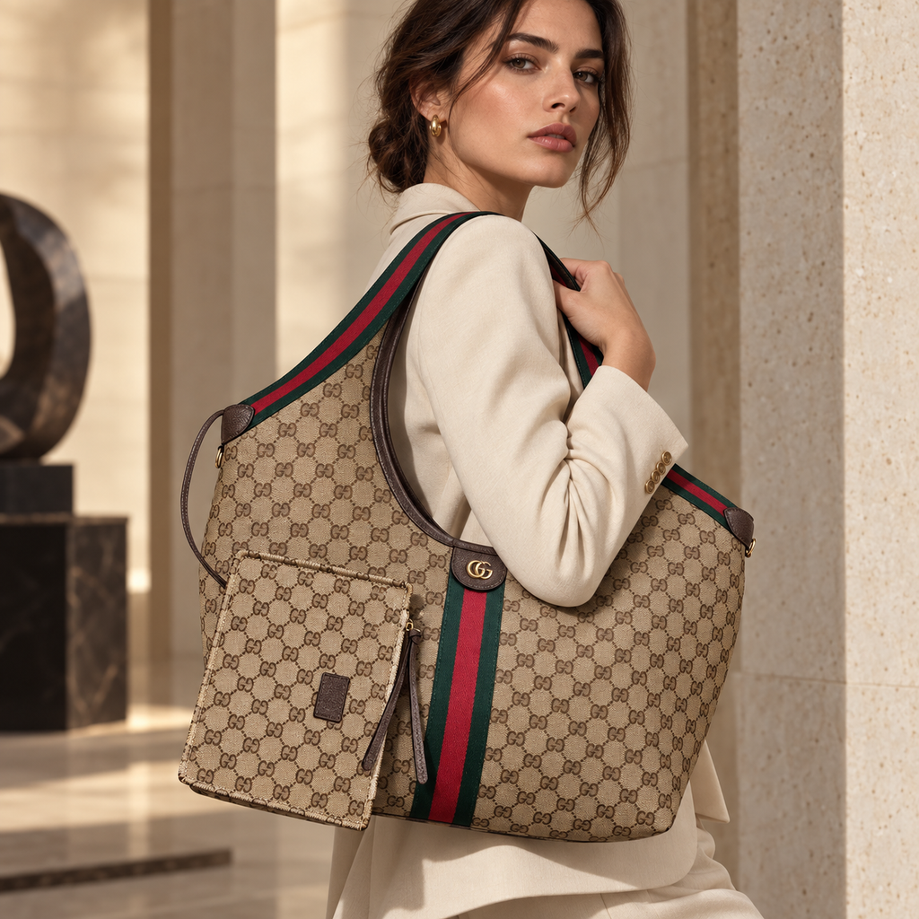 Beige Monogram / Brown Trim / Stripe luxury shoulder bag worn by model