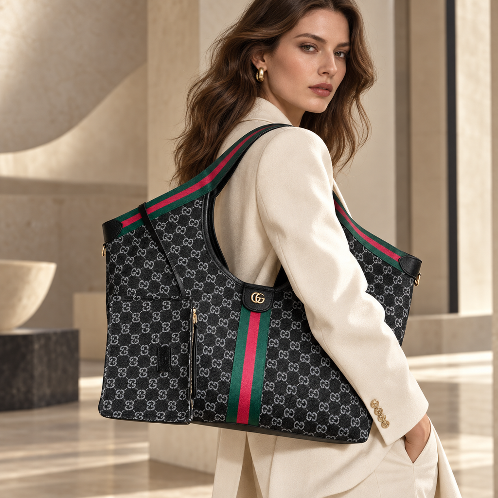 Black Monogram / Black Trim / Stripe luxury shoulder bag worn by model