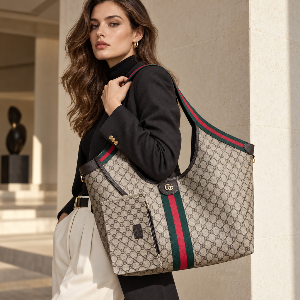 Beige Monogram / Black Trim / Stripe luxury shoulder bag worn by model