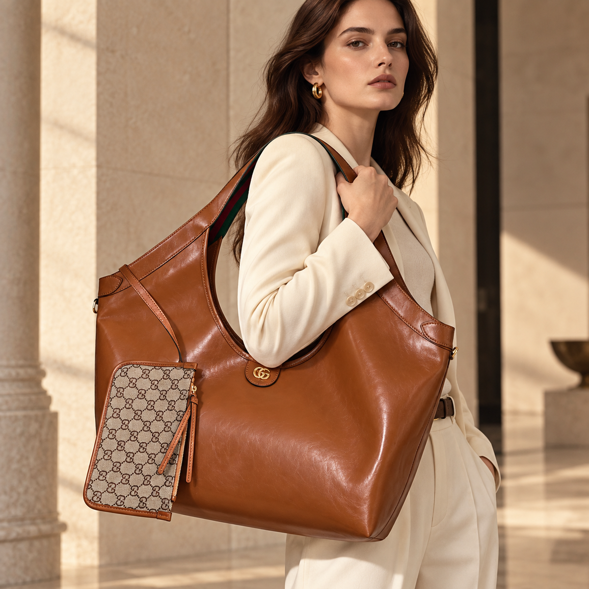 Solid Brown / Stripe luxury shoulder bag worn by model