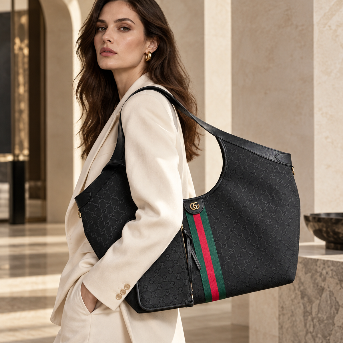 Black Monogram / Stripe luxury shoulder bag worn by model