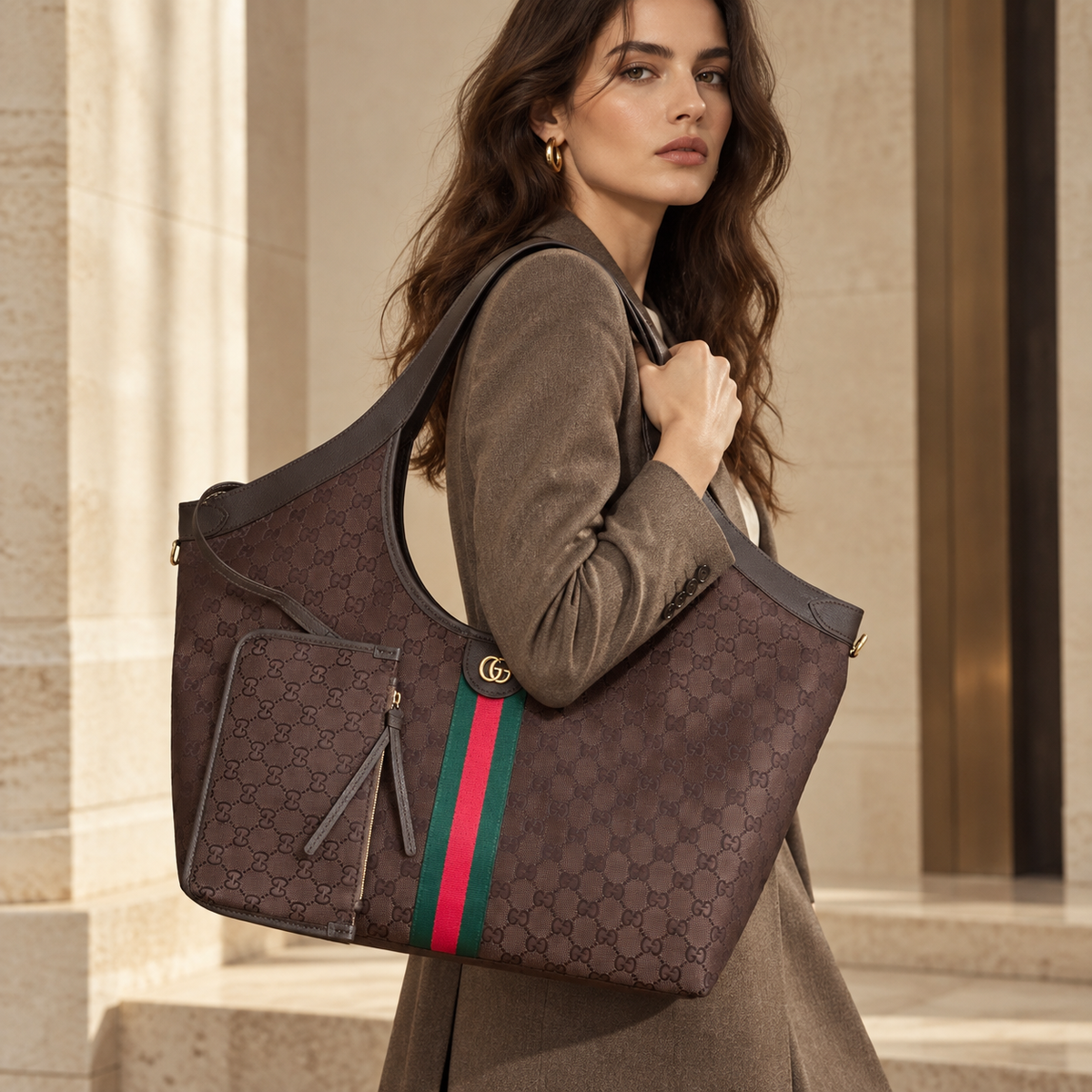 Brown Monogram / Stripe luxury shoulder bag worn by model