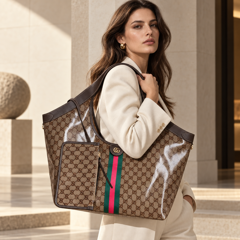 Beige Glossy Monogram / Stripe luxury shoulder bag worn by model