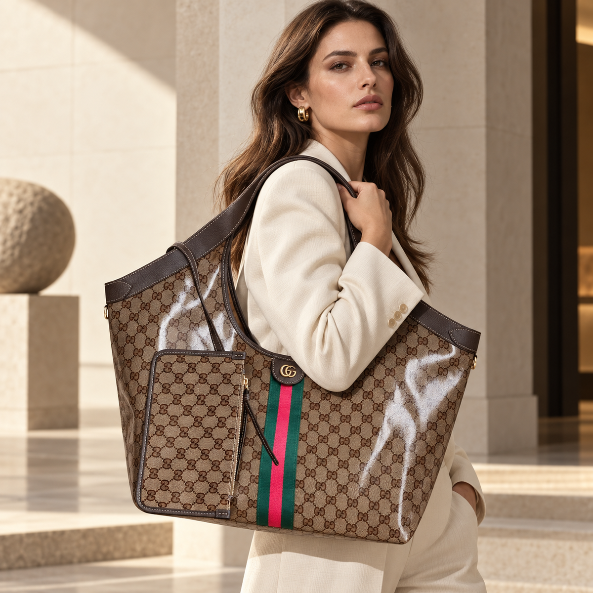 Beige Glossy Monogram / Stripe luxury shoulder bag worn by model