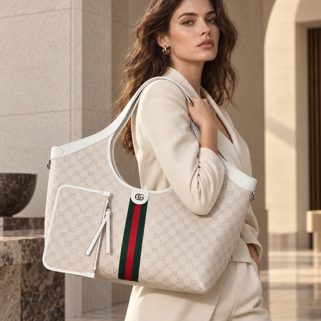 White Monogram / Stripe luxury shoulder bag worn by model