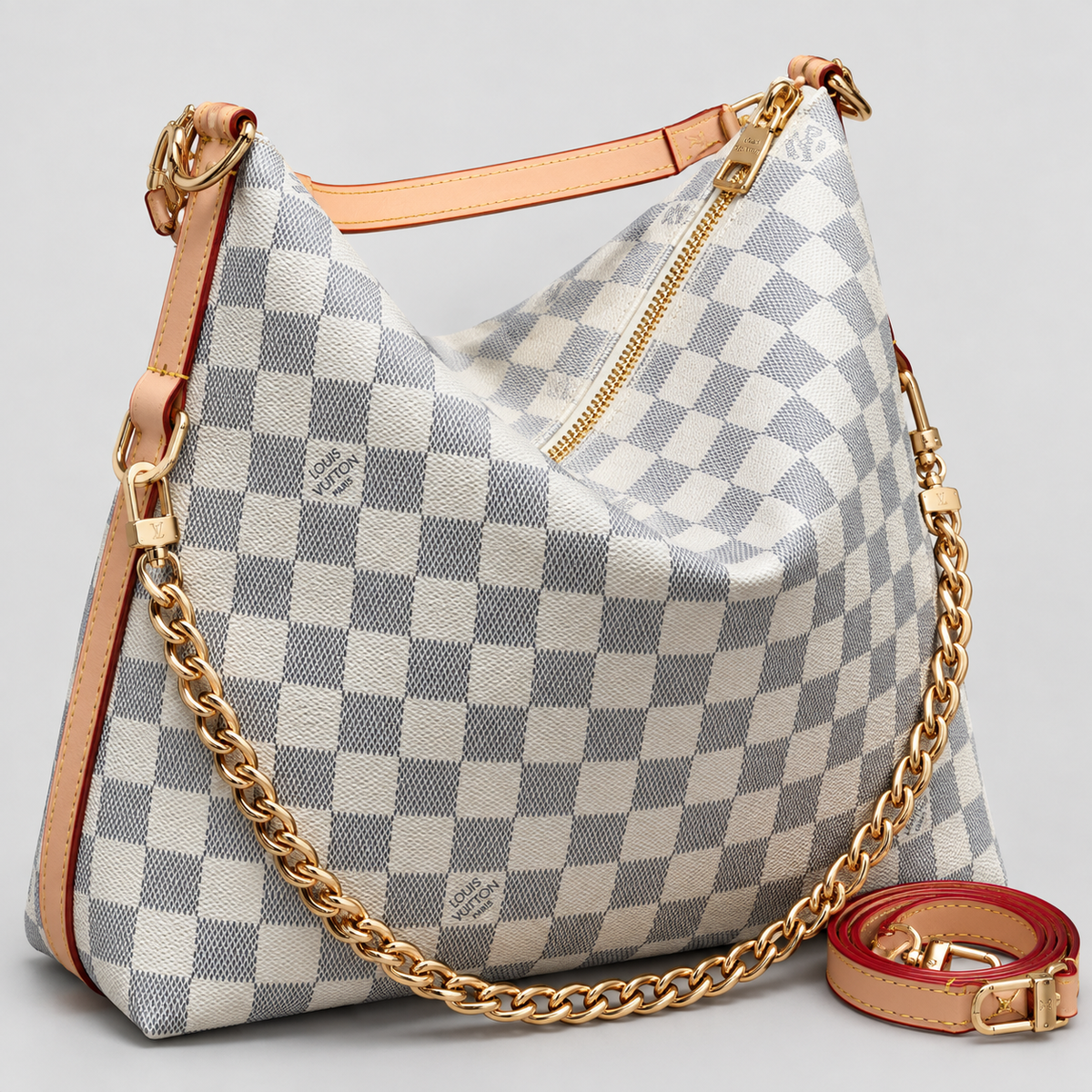 Grey Checker chain-trim hobo shoulder bag, front view