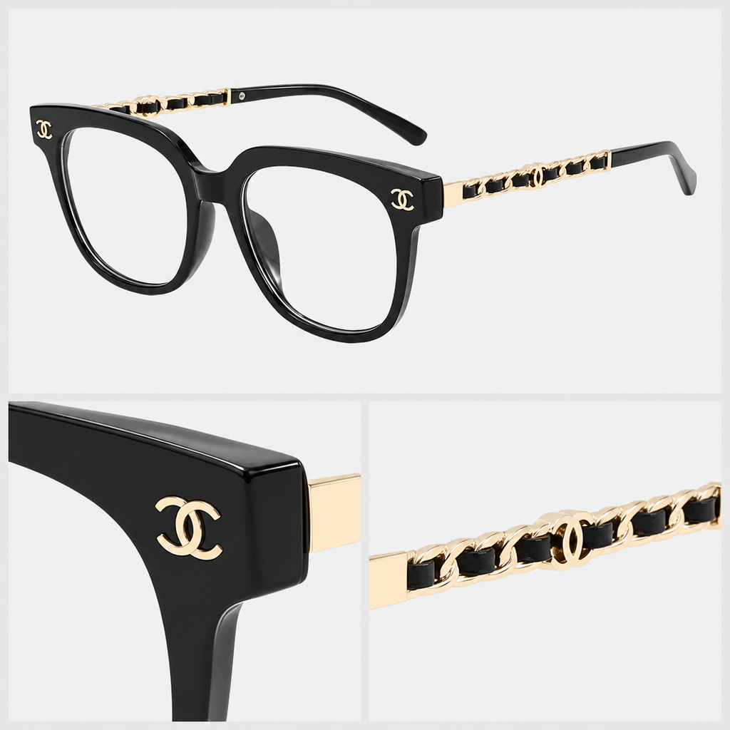 Rounded Square Chain-Detail Eyewear — close-up collage of visible material and hardware details