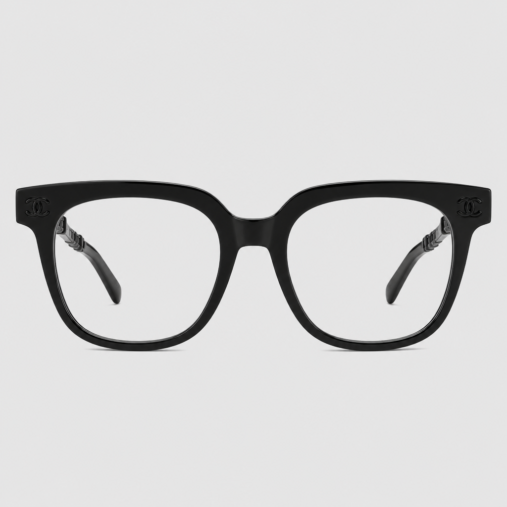 Rounded Square Chain-Detail Eyewear — Black frame with clear lenses and black textured temple detailing; complete front view