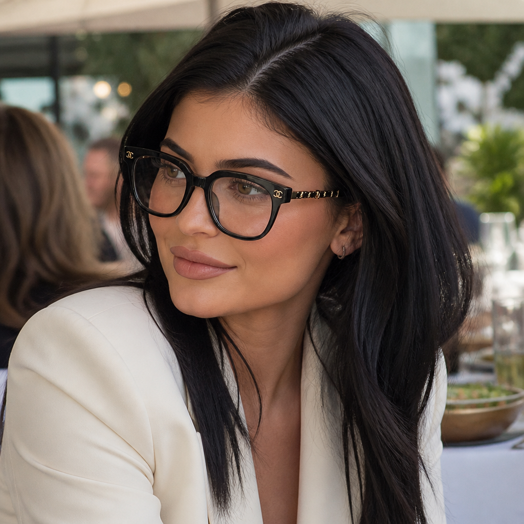 Adult model wearing rounded square chain-detail eyewear in a lifestyle setting