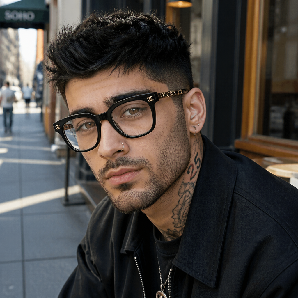 Adult model wearing rounded square chain-detail eyewear in a lifestyle setting
