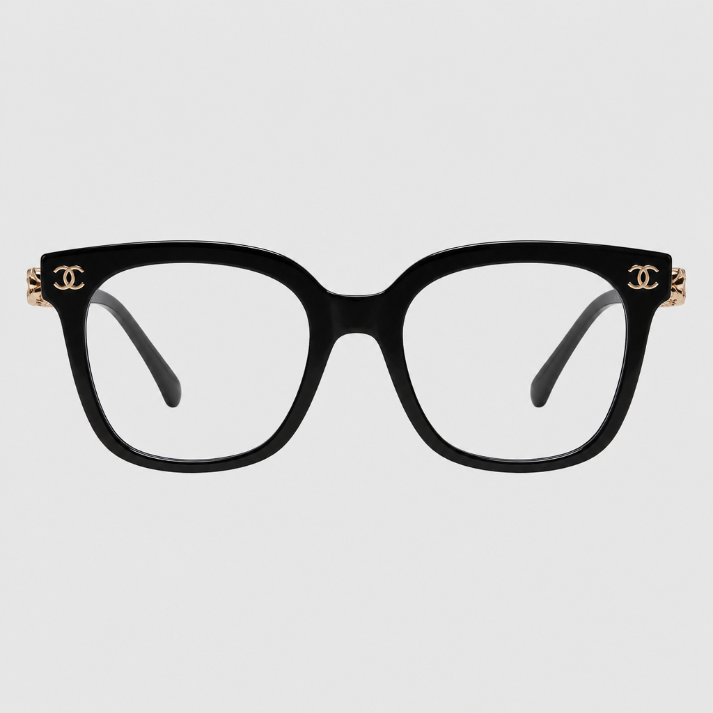 Decorative Temple Square Eyewear — black frame with clear lenses and gold-tone temple detailing; complete front view