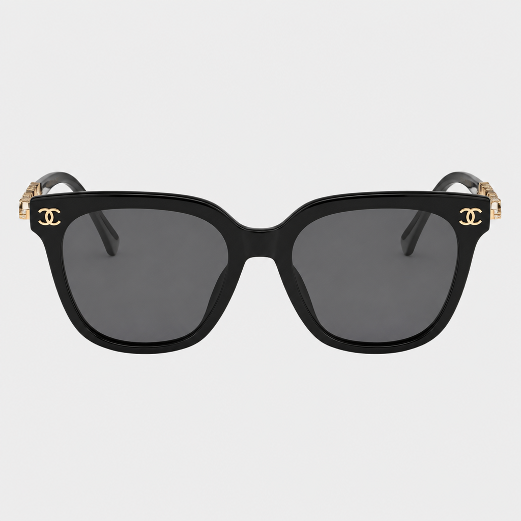 Decorative Temple Square Eyewear — black frame with dark tinted lenses and gold-tone temple detailing; complete front view