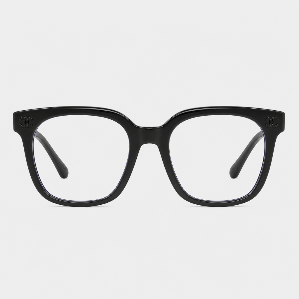 Decorative Temple Square Eyewear — black frame with clear lenses and black decorative temple hardware; complete front view
