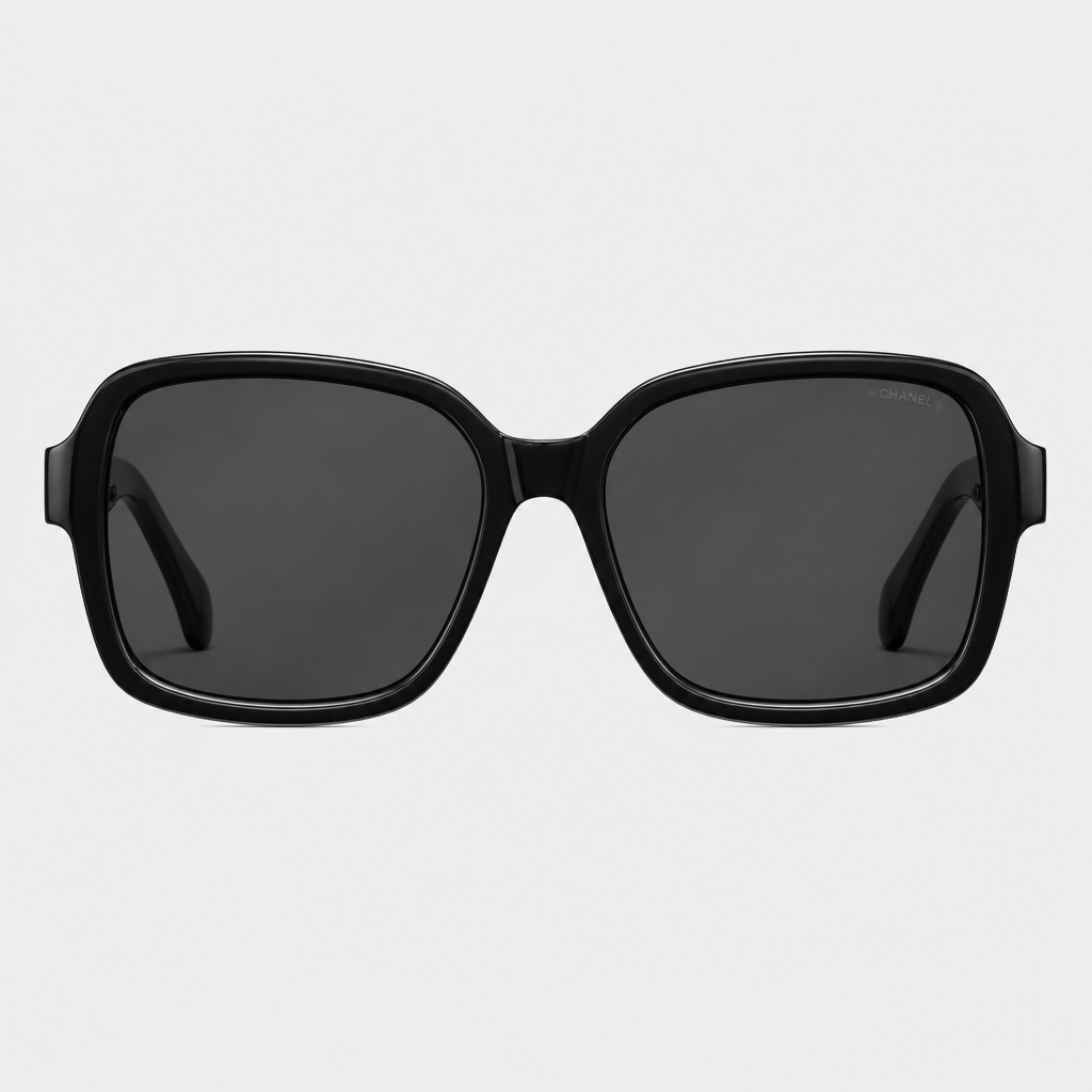 Logo-Temple Square Eyewear — black frame with tinted dark lenses; complete front view