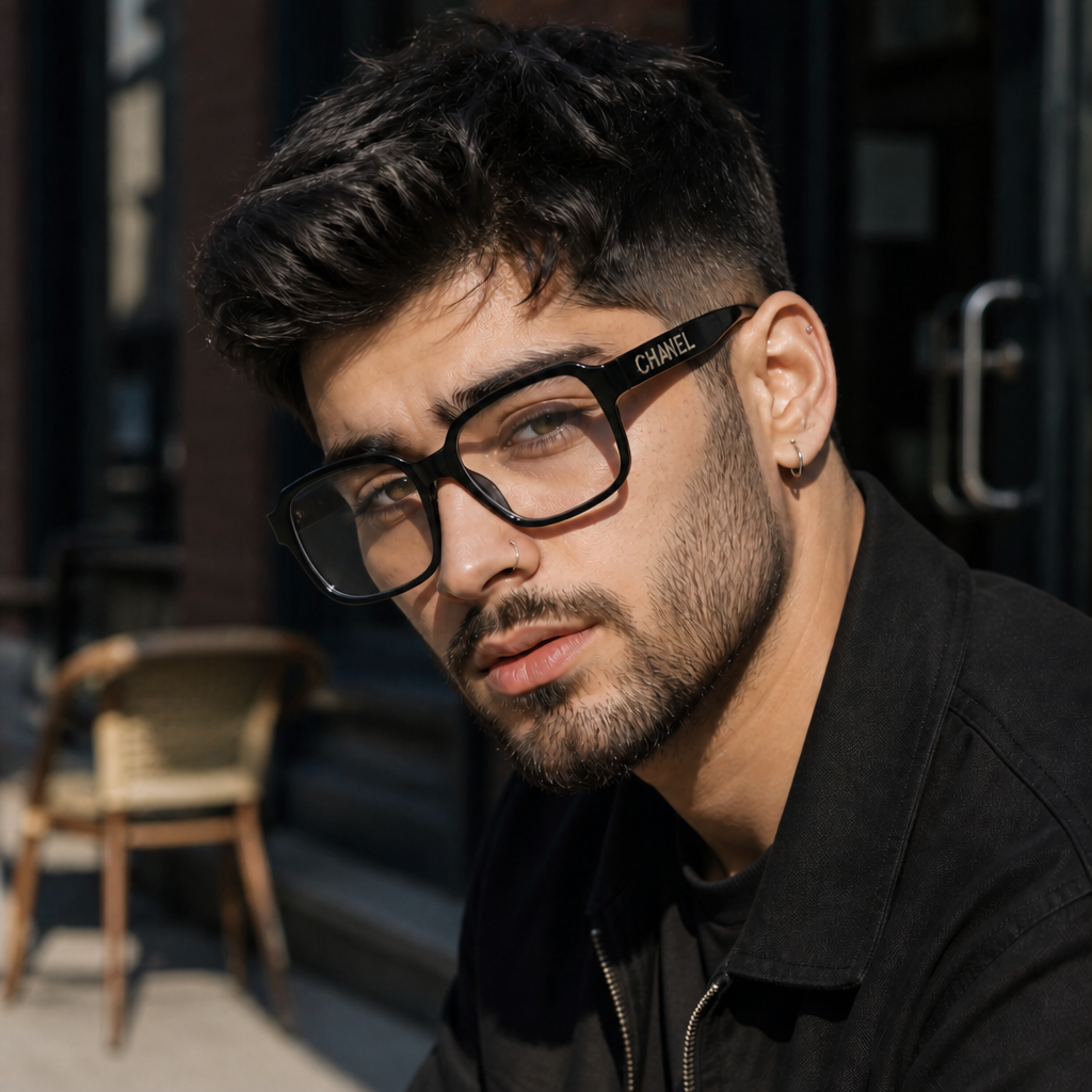 Adult model wearing logo-temple square eyewear in a lifestyle setting