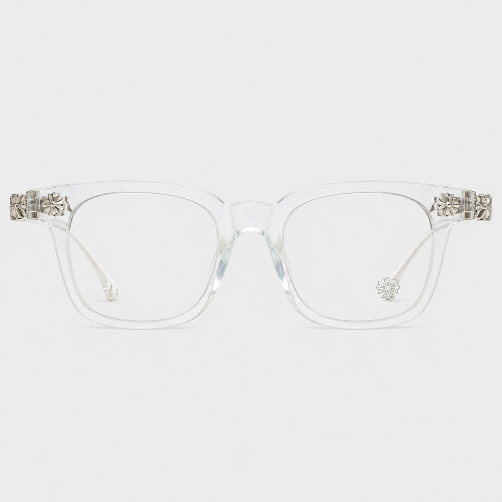 Square Cross-Detail Eyeglass Frames — clear frame with silver- and gold-tone decorative accents; complete front view
