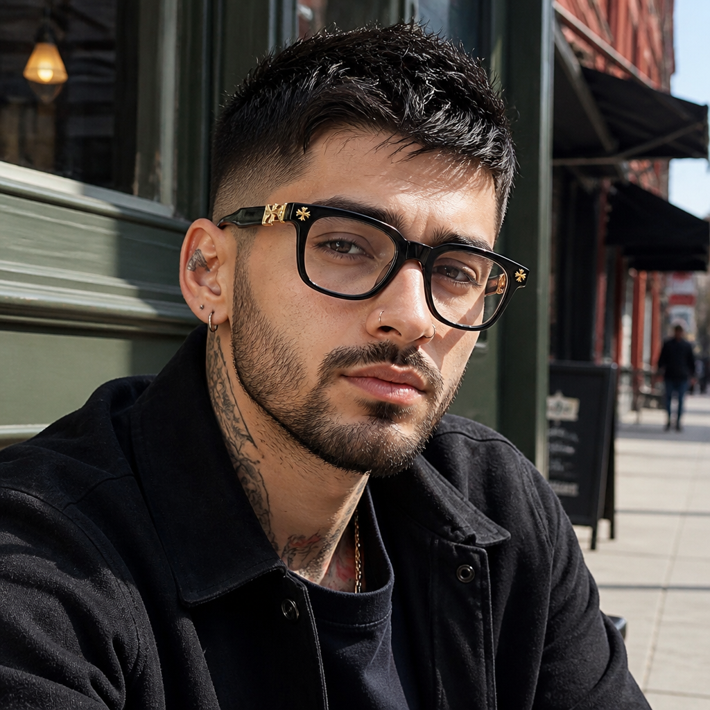 Adult model wearing square cross-detail eyeglass frames in a lifestyle setting