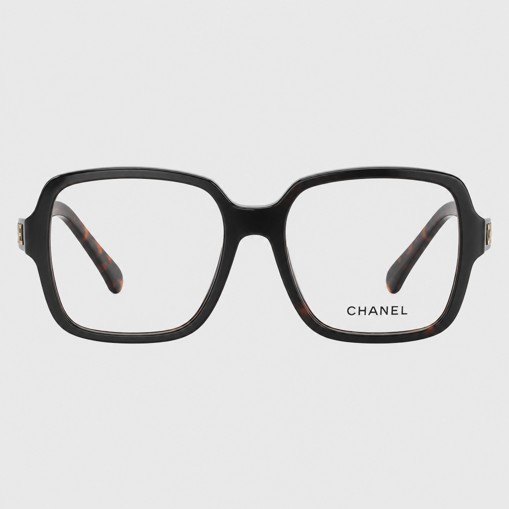 Oversized Square Logo Frames — Black front with dark tortoiseshell-pattern temples and gold-colored temple lettering; complete front view