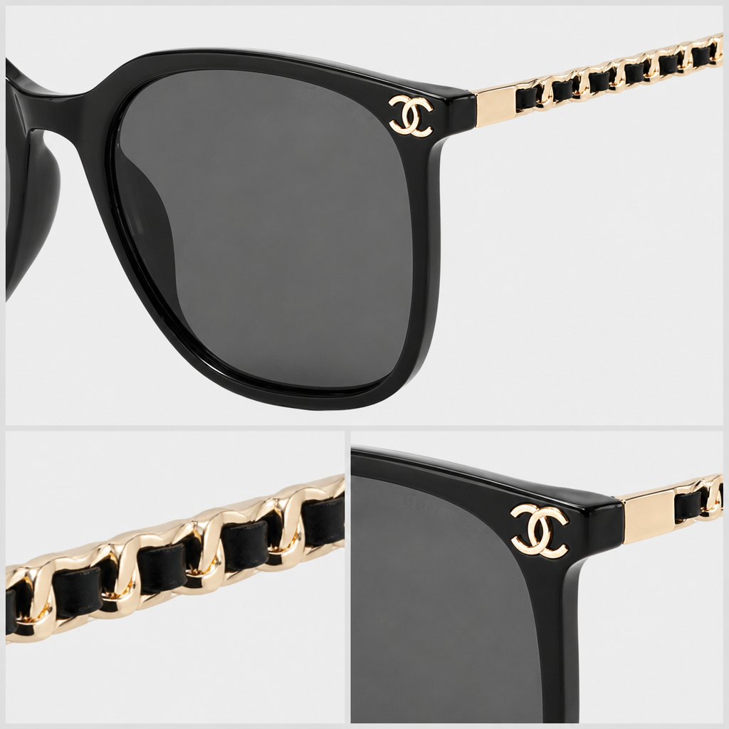 Logo-Accent Square Eyewear — close-up collage of visible material and hardware details