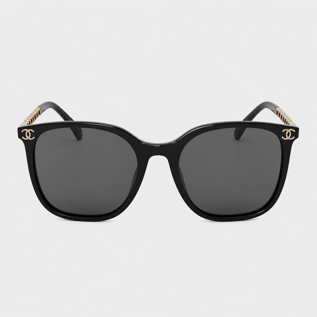 Logo-Accent Square Eyewear — black frame with dark gray tinted lenses and gold-tone temple accents; complete front view