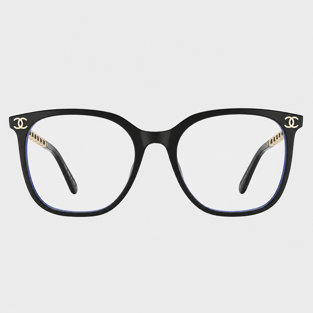 Logo-Accent Square Eyewear — black frame with clear lenses and gold-tone temple accents; complete front view