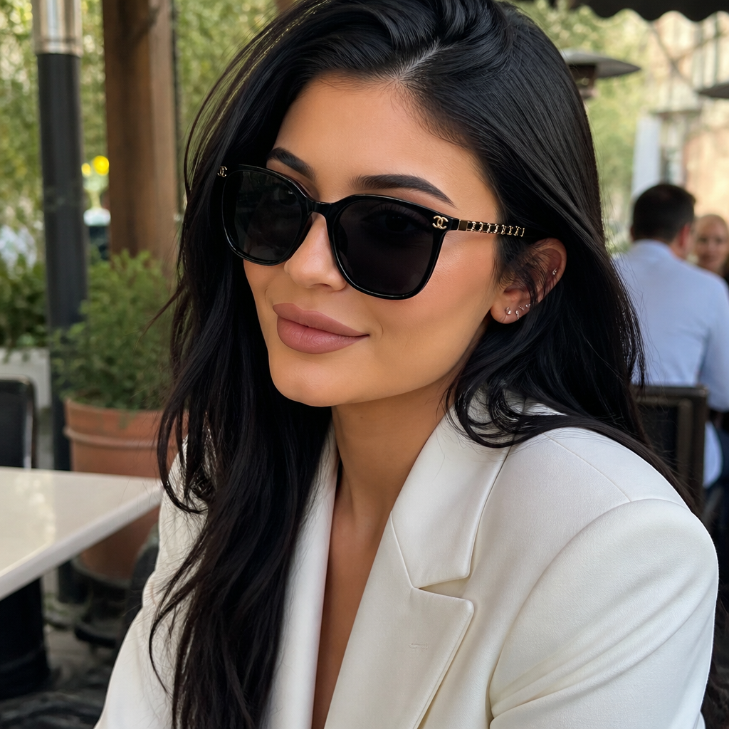 Adult model wearing logo-accent square eyewear in a lifestyle setting