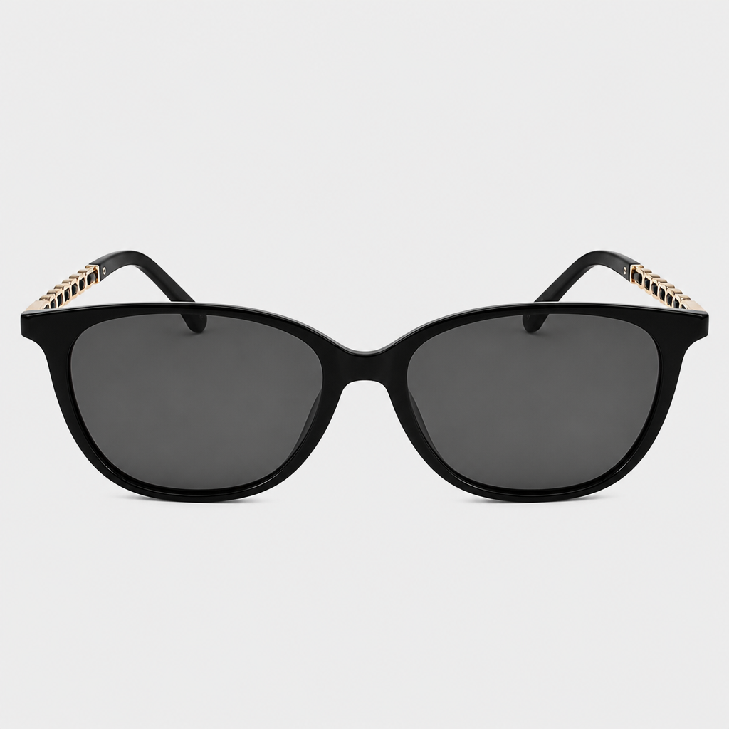 Chain-Detail Square Eyewear — black frame with dark gray lenses, patterned light-and-dark temples, and gold-tone temple accents; complete front view