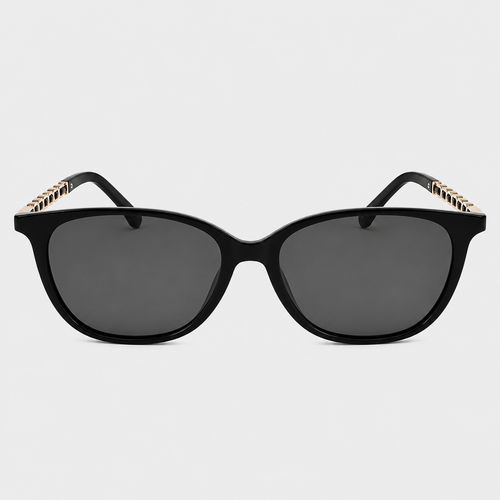 Chain-Detail Square Eyewear — black frame with dark gray lenses, patterned light-and-dark temples, and gold-tone temple accents; complete front view