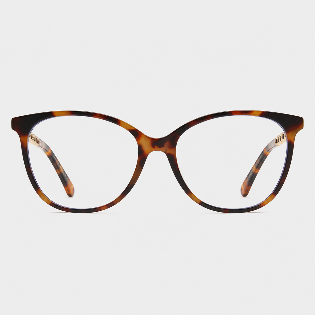 Chain-Detail Square Eyewear — tortoiseshell-look frame with clear lenses, patterned light-and-dark temples, and gold-tone temple accents; complete front view