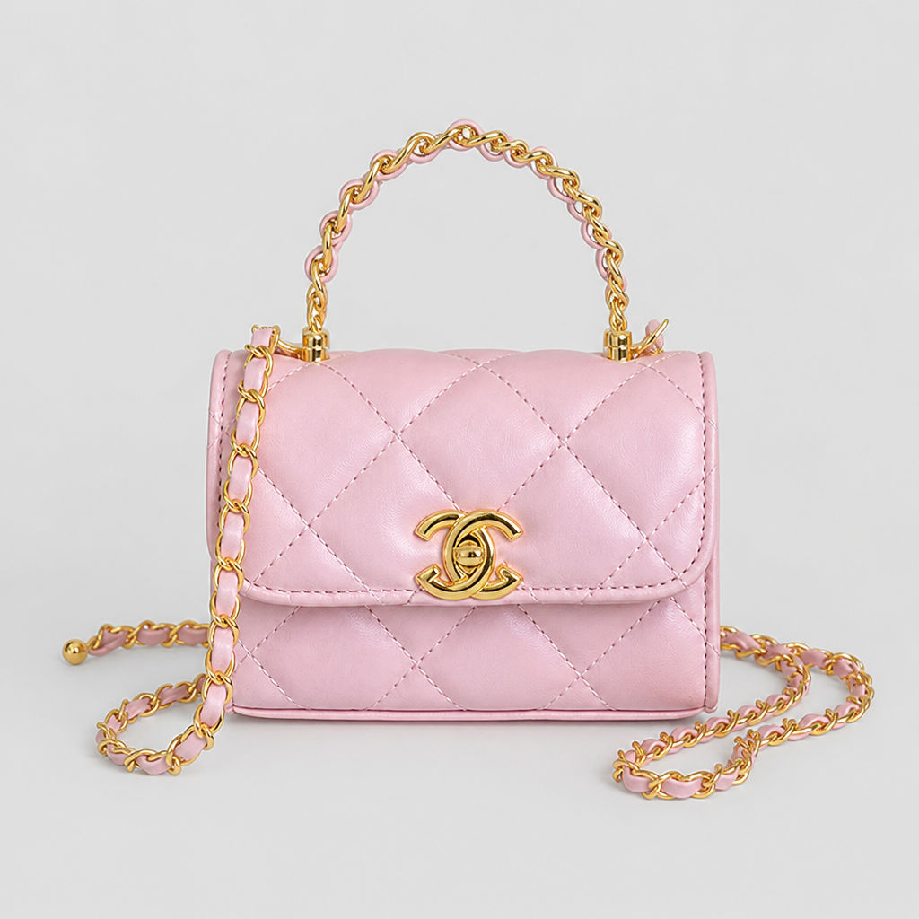 Quilted Chain Shoulder Bag — Pink; complete front view