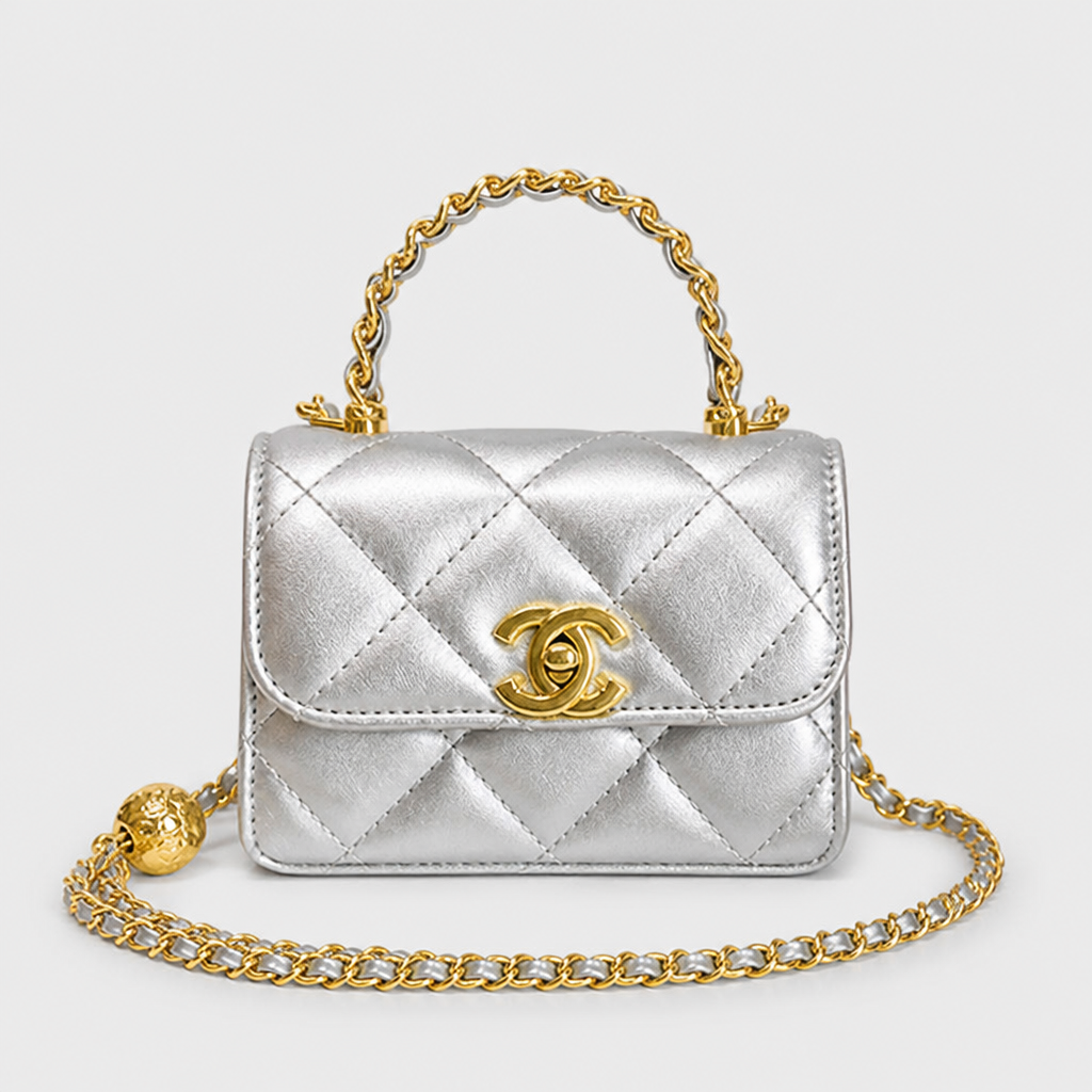 Quilted Chain Shoulder Bag — Silver; complete front view