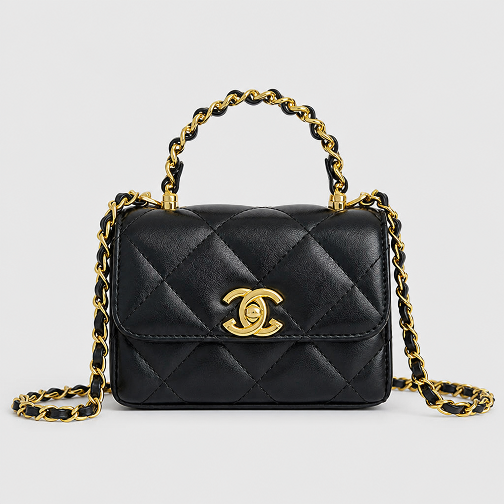 Quilted Chain Shoulder Bag — Black; complete front view