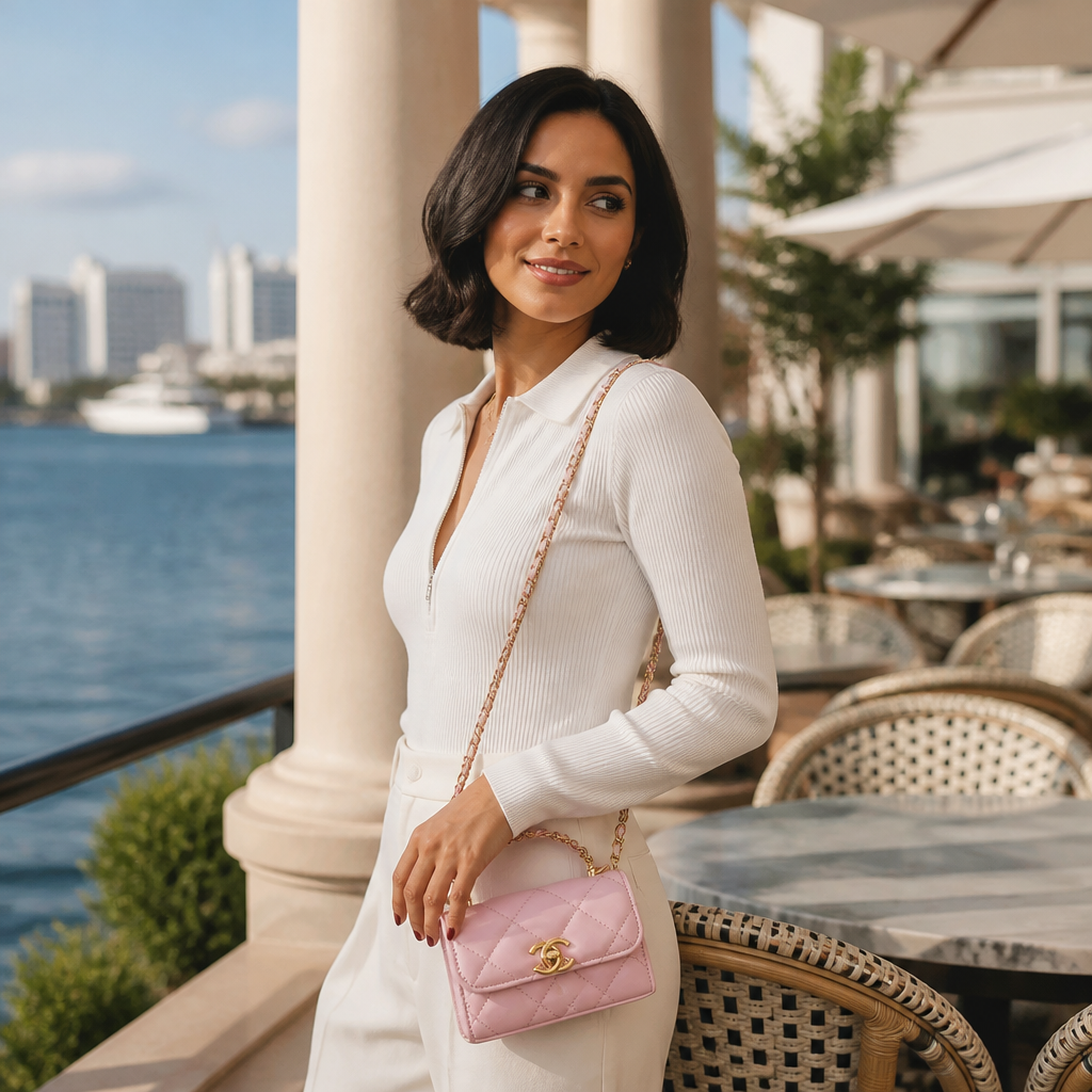 Adult model wearing quilted chain shoulder bag in a lifestyle setting