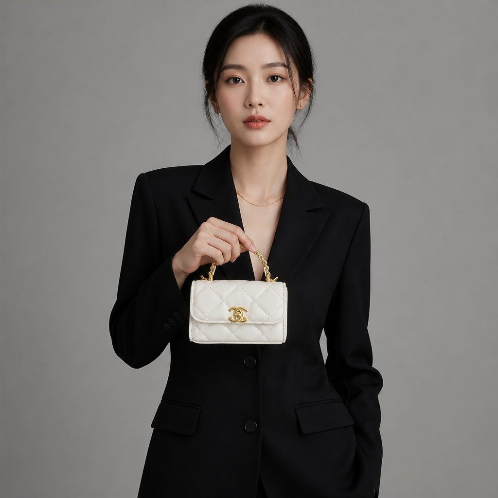 Adult model wearing quilted chain shoulder bag in a lifestyle setting