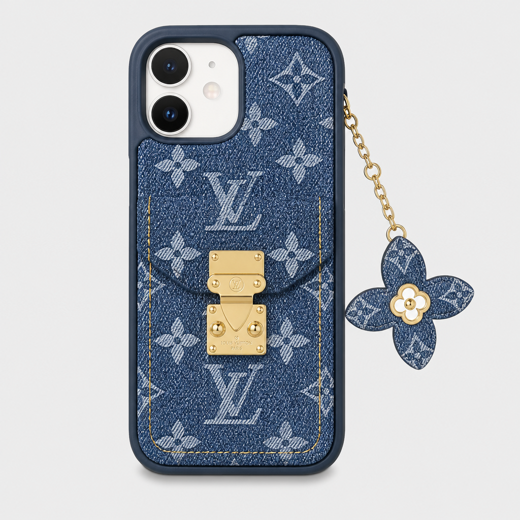 Blue Denim-Style Monogram Card-Holder — front view.