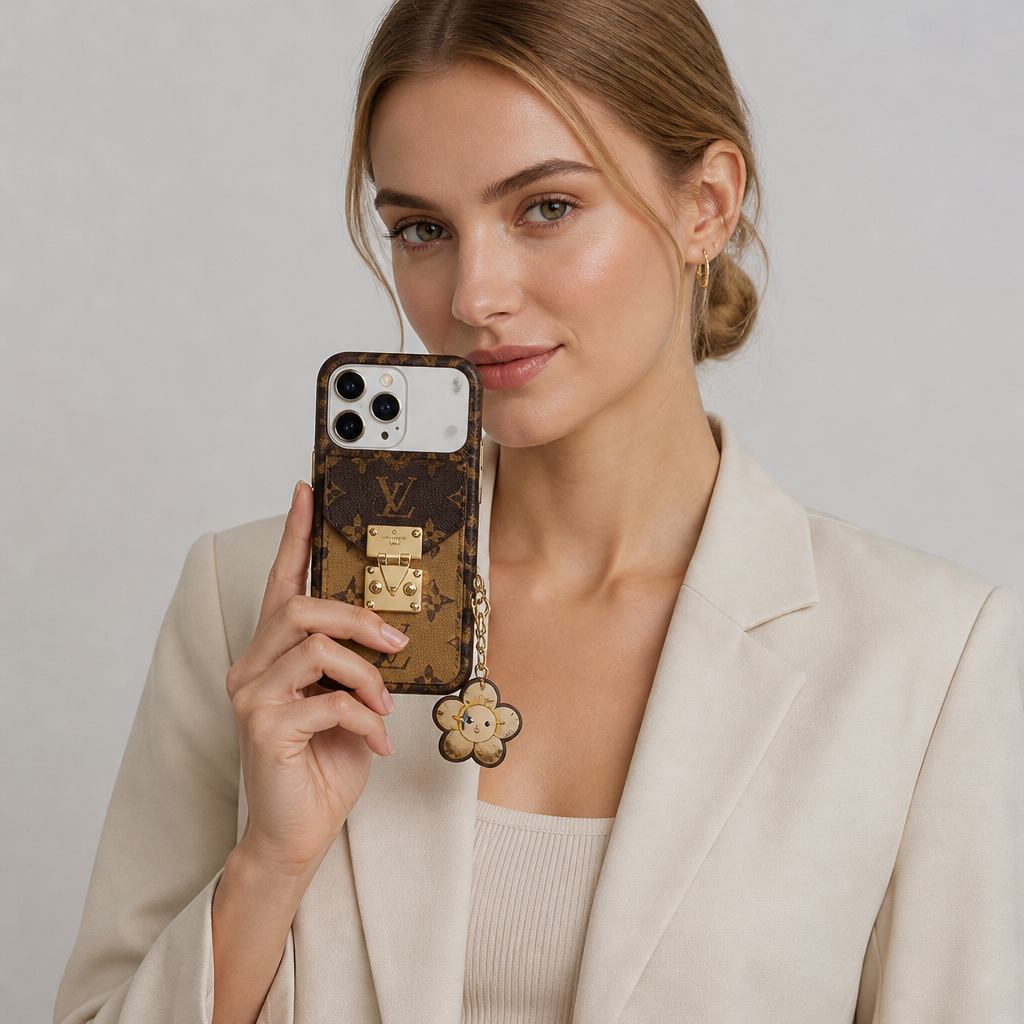 Tan Monogram Card-Holder — studio model photo.