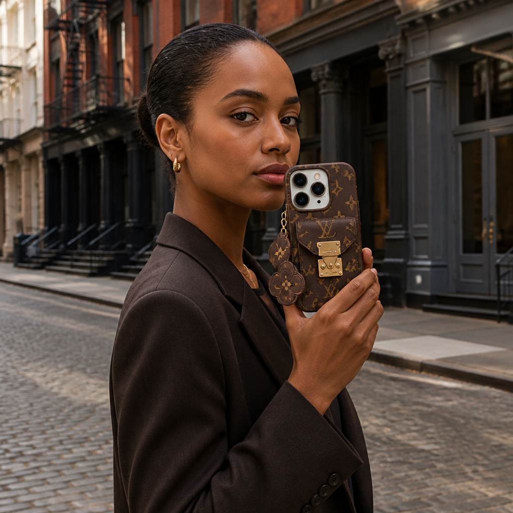 Dark Brown Monogram Card-Holder — lifestyle photo in New York City.