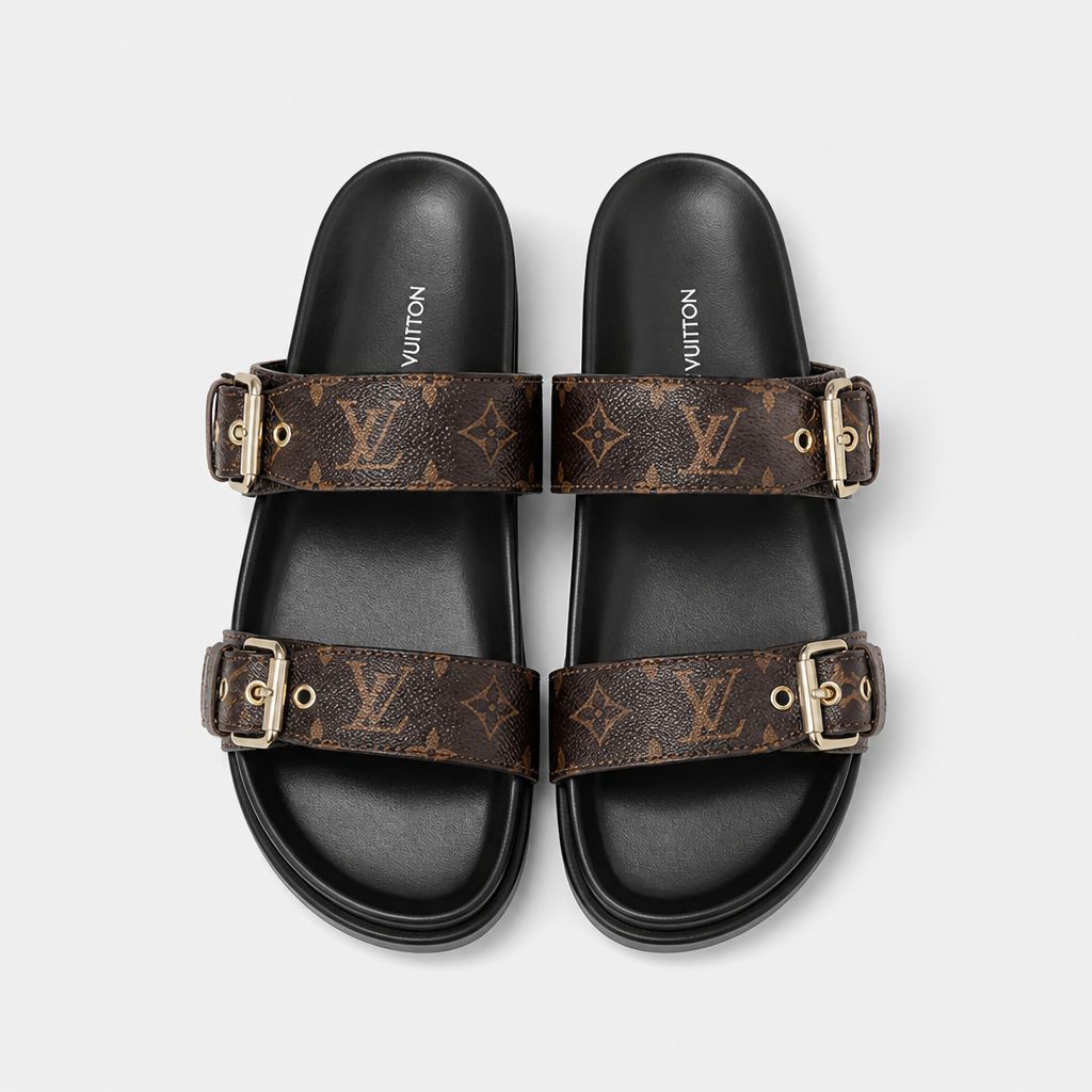 Brown Monogram Double Buckle — front view.