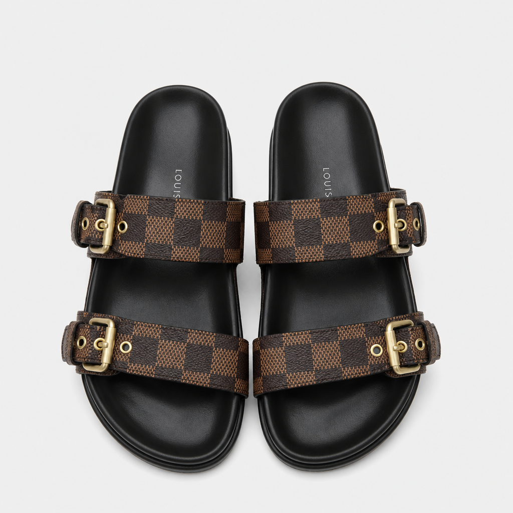 Brown Check Double Buckle — front view.