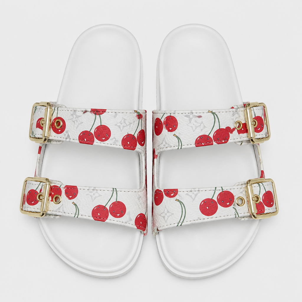 Brown Cherry-Print Double Buckle — front view.