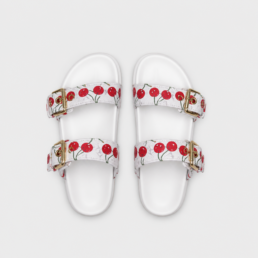 White Cherry-Print Double Buckle — front view.