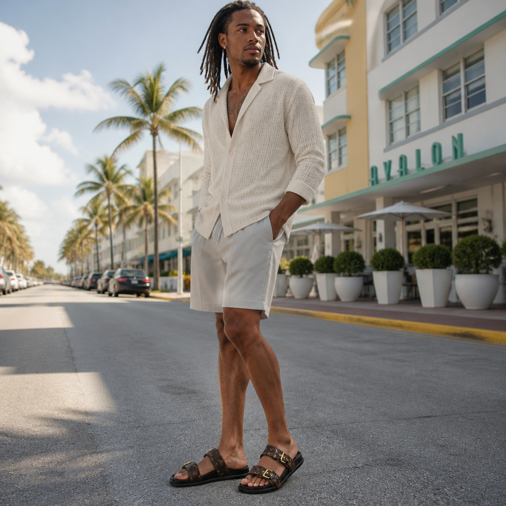 Brown Monogram Double Buckle — lifestyle photo in Miami.