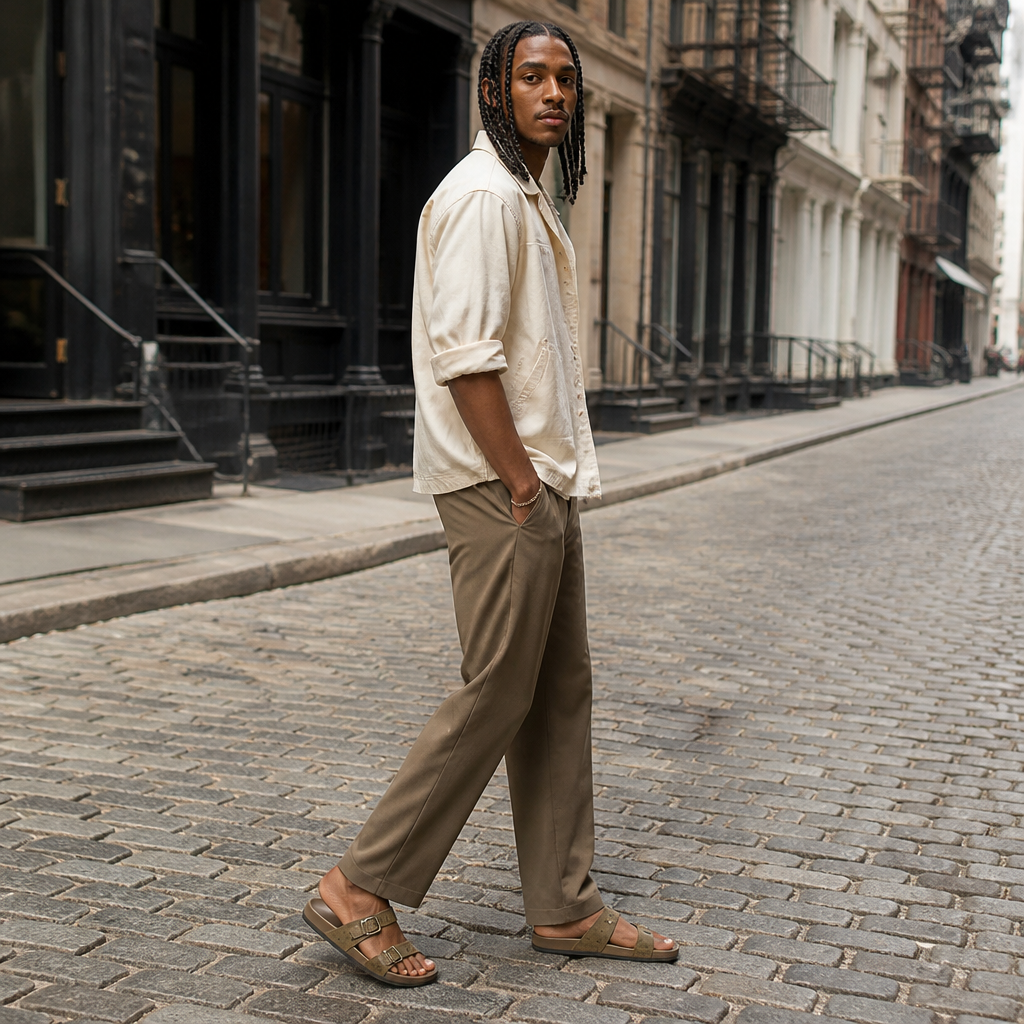 Khaki Monogram Double Buckle — lifestyle photo in New York City.