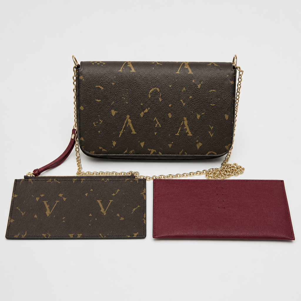 Dark Monogram & Burgundy Accessories — front view.
