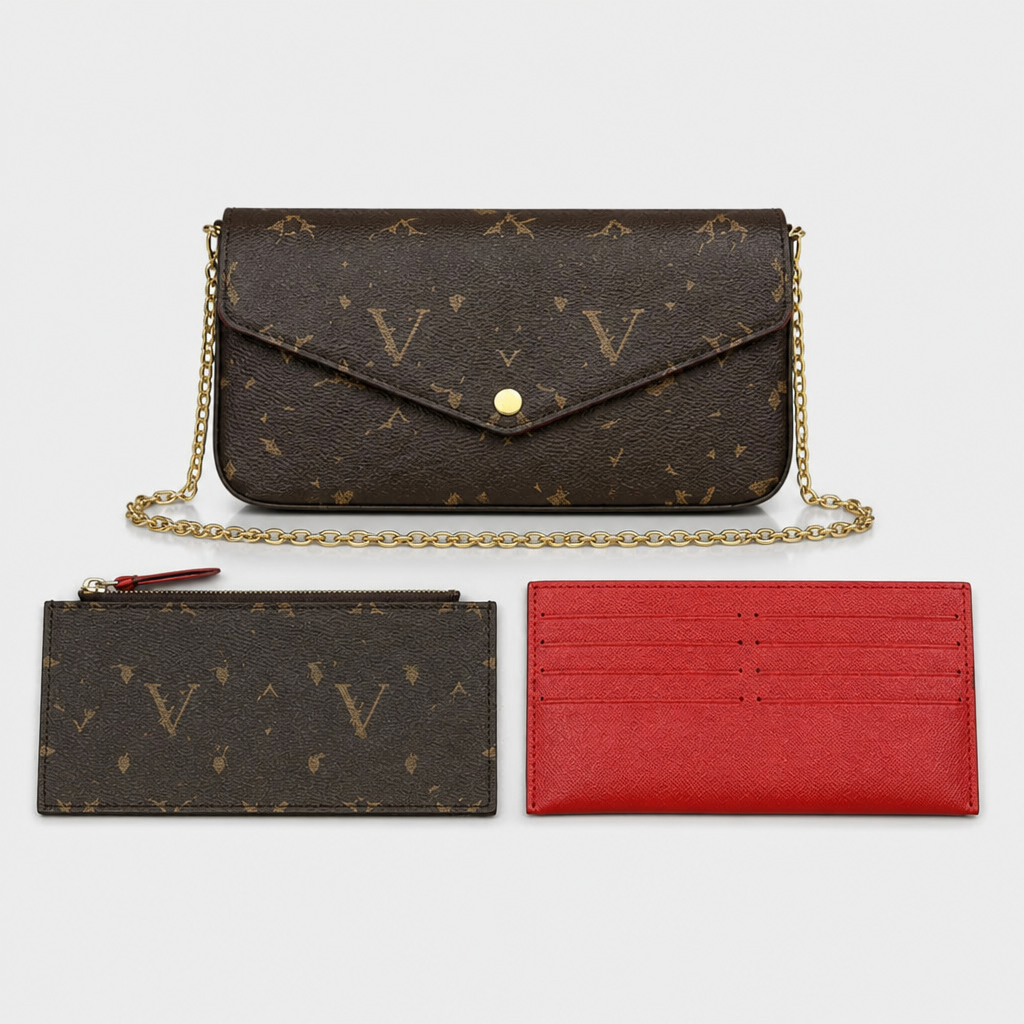 Dark Monogram & Red Accessories — front view.