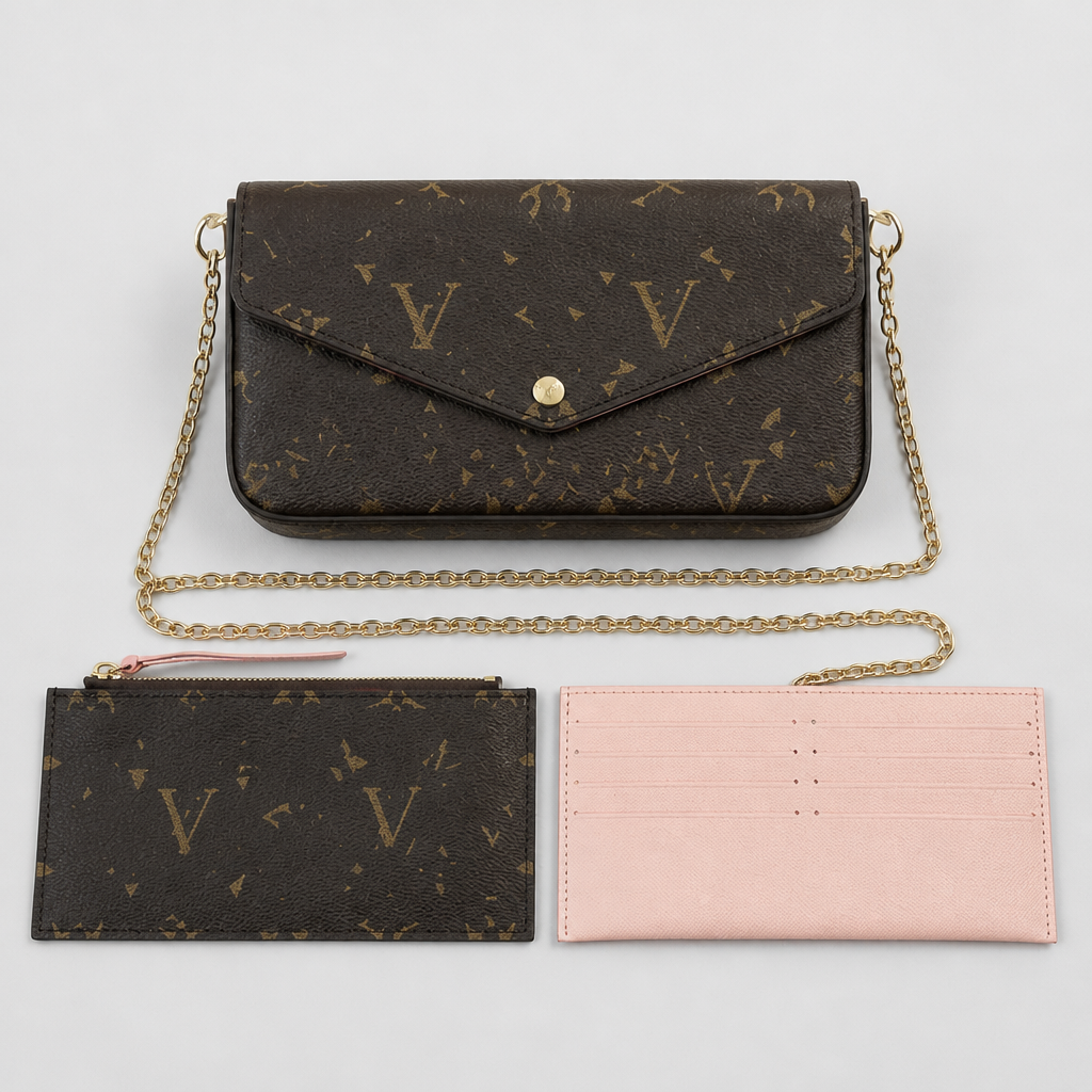 Dark Monogram & Pale Pink Accessories — front view.