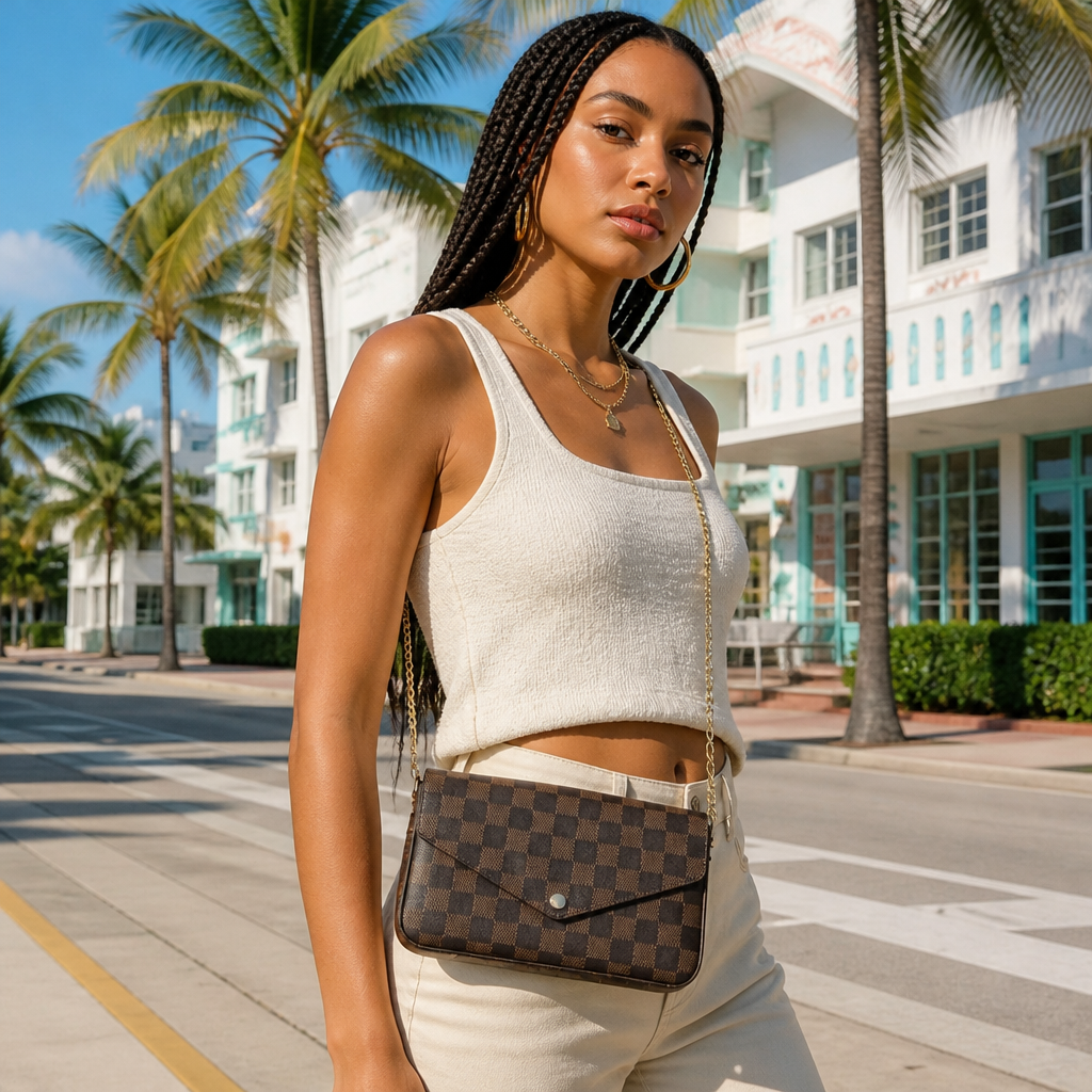 Brown Check & Red Accessories — lifestyle photo in Miami.