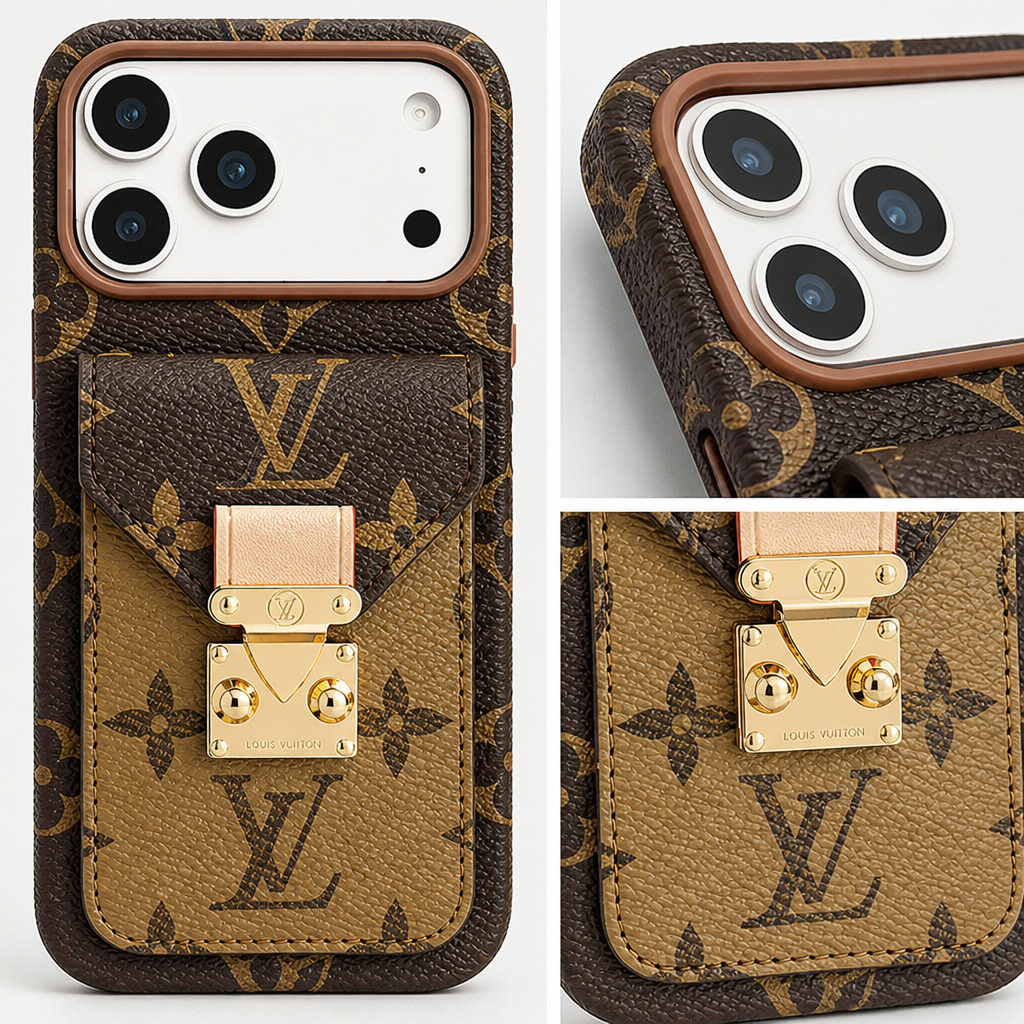 Tan & Brown Floral Monogram with Gold-Tone Clasp — close-up details of material, pattern and hardware.